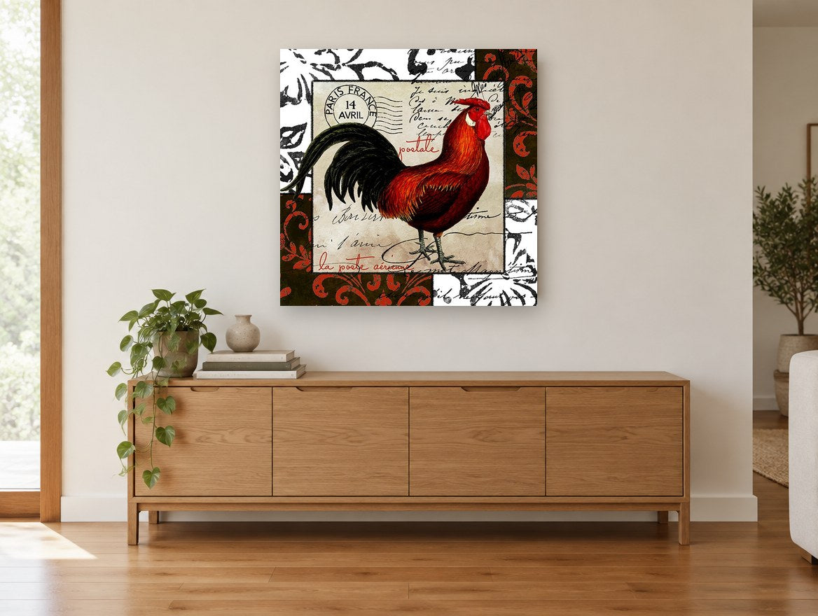 Paris Postcard Rooster floral canvas print on the wall of a living room above a sideboard