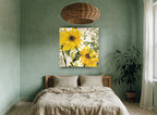 Sunflowers on Cracked Cream floral canvas print on the wall of a bedroom