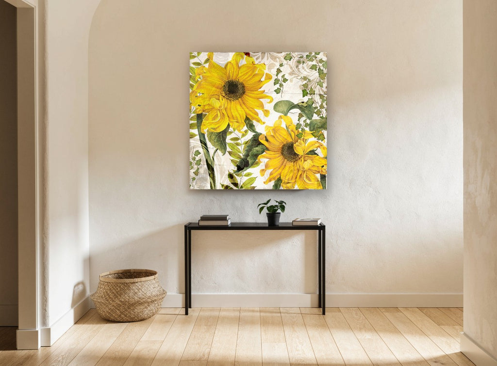Sunflowers on Cracked Cream floral canvas print on the wall of a hallway