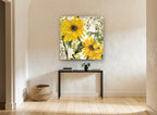 Sunflowers on Cracked Cream floral canvas print on the wall of a hallway