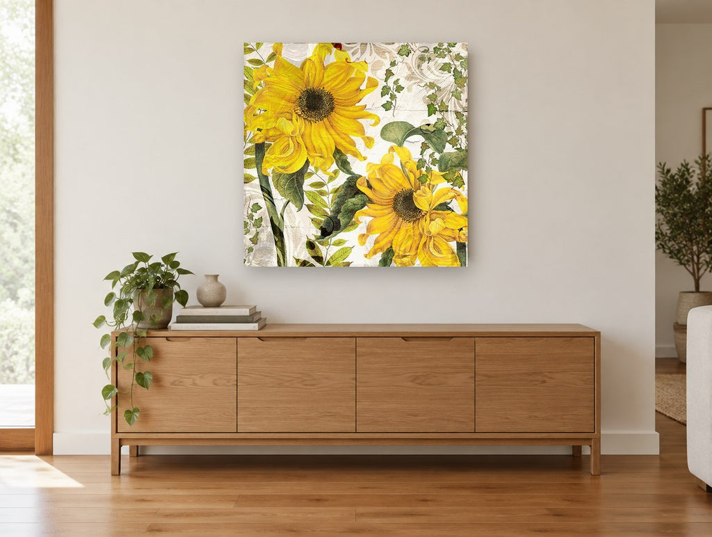 Sunflowers on Cracked Cream floral canvas print on the wall of a living room above a sideboard
