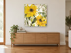 Sunflowers on Cracked Cream floral canvas print on the wall of a living room above a sideboard