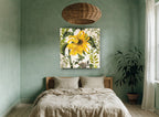 Sunflower and Nest floral canvas print on the wall of a bedroom