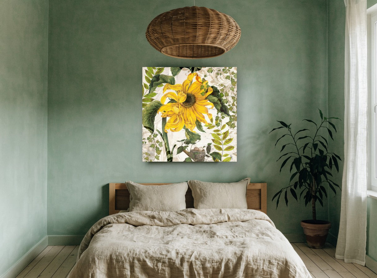 Sunflower and Nest floral canvas print on the wall of a bedroom