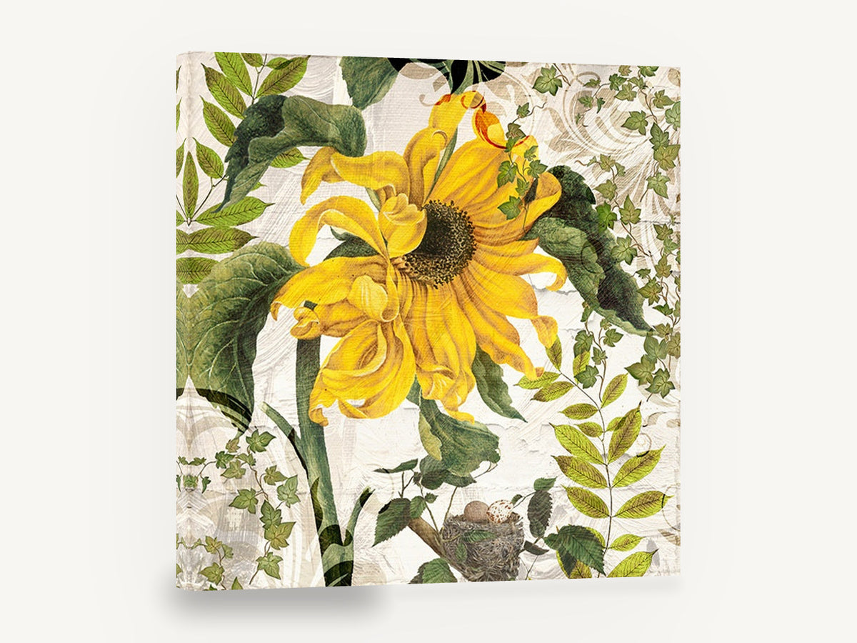 Sunflower and Nest, yellow sunflower botanical nest collage, floral canvas wall art print ready to hang