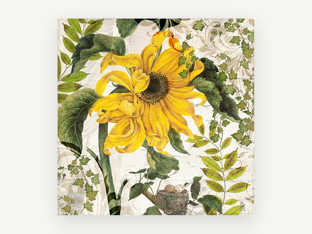 Sunflower and Nest, floral canvas wall art print, front view