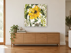 Sunflower and Nest floral canvas print on the wall of a living room above a sideboard