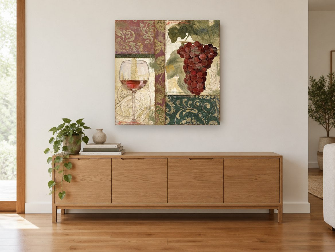 Vineyard Patchwork Red kitchen canvas print on the wall of a living room above a sideboard