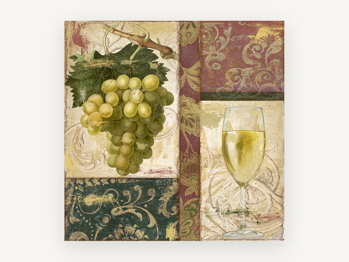 Green Grapes and White Wine, kitchen canvas wall art print, front view