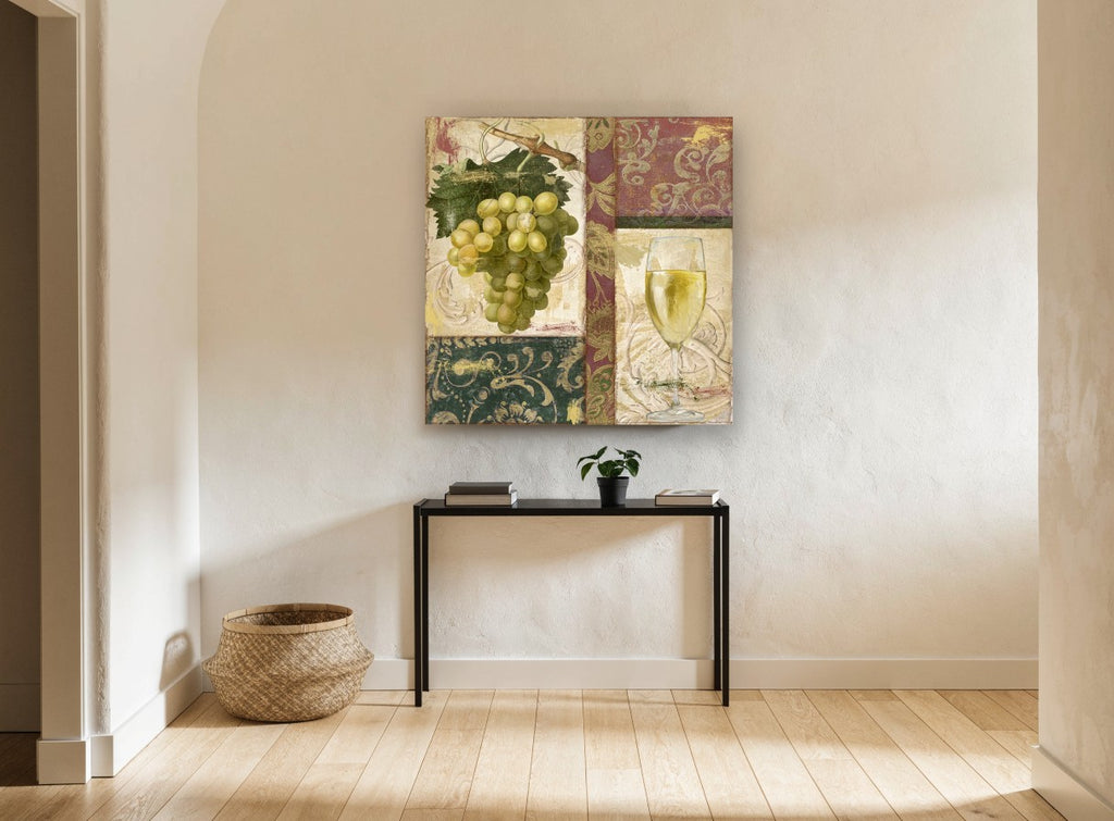 Green Grapes and White Wine kitchen canvas print on the wall of a hallway
