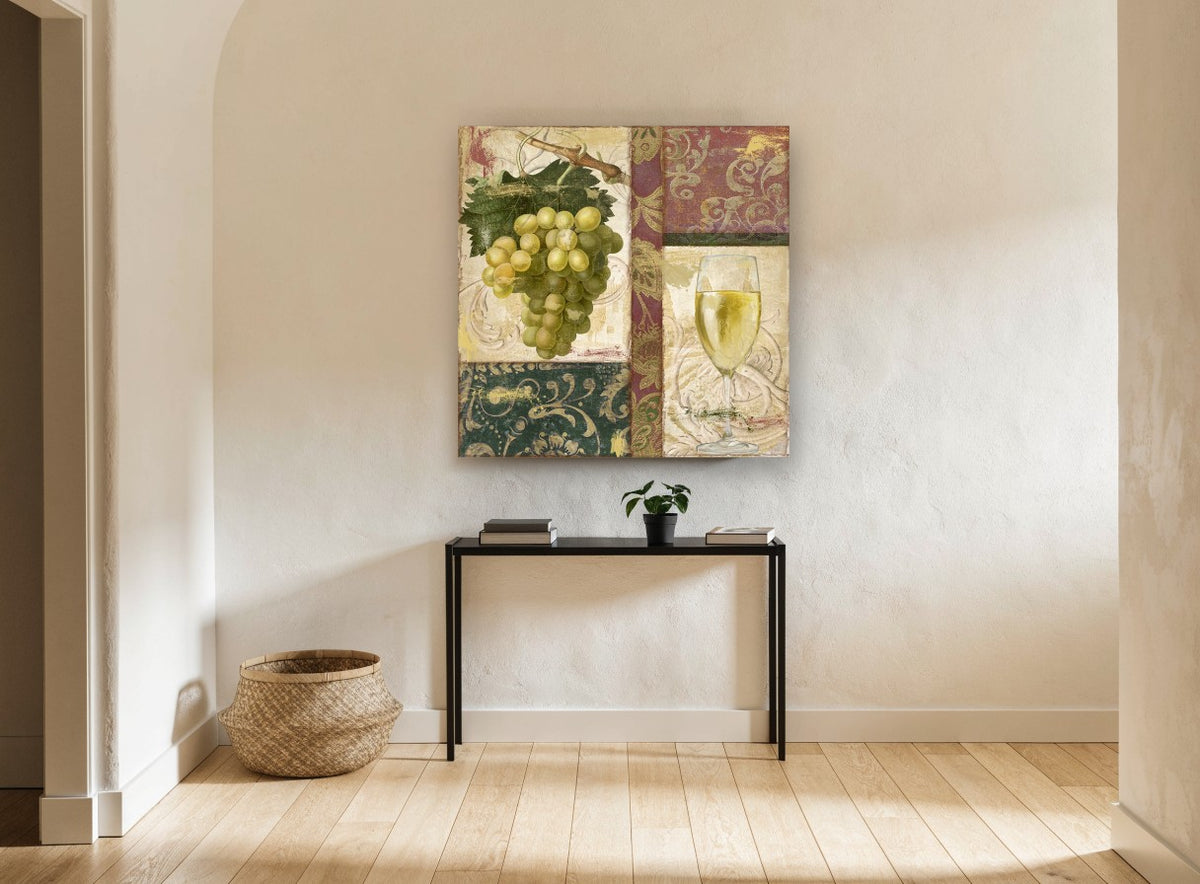 Green Grapes and White Wine kitchen canvas print on the wall of a hallway