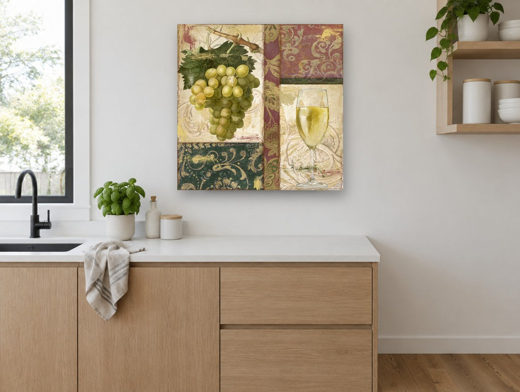 Green Grapes and White Wine kitchen canvas print on the wall of a kitchen