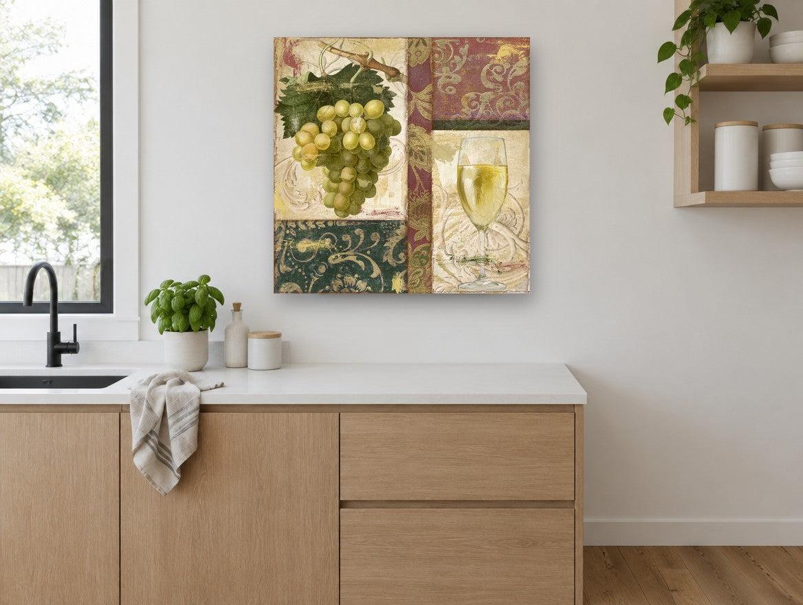 Green Grapes and White Wine kitchen canvas print on the wall of a kitchen