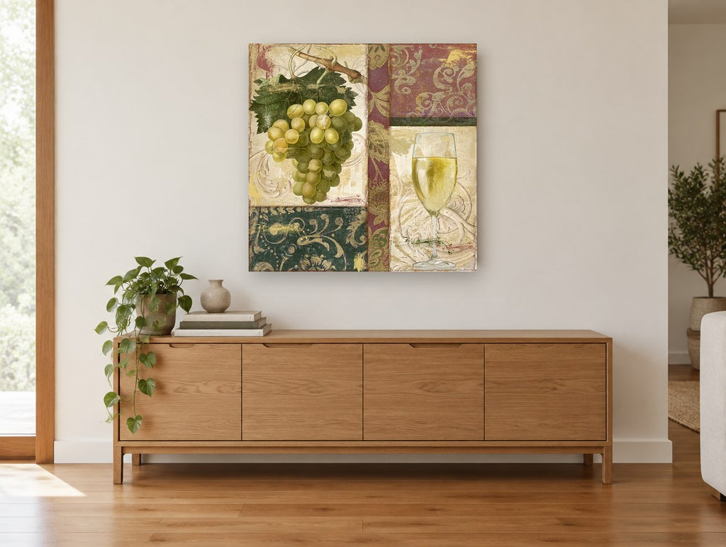 Green Grapes and White Wine kitchen canvas print on the wall of a living room above a sideboard