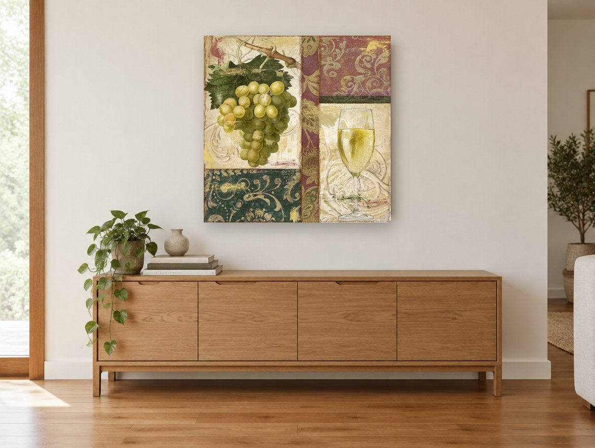 Green Grapes and White Wine kitchen canvas print on the wall of a living room above a sideboard