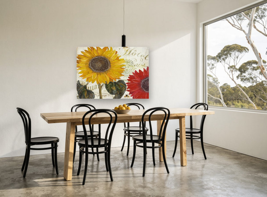 Paris Hôtel Sunflowers floral canvas print on the wall of a dining room