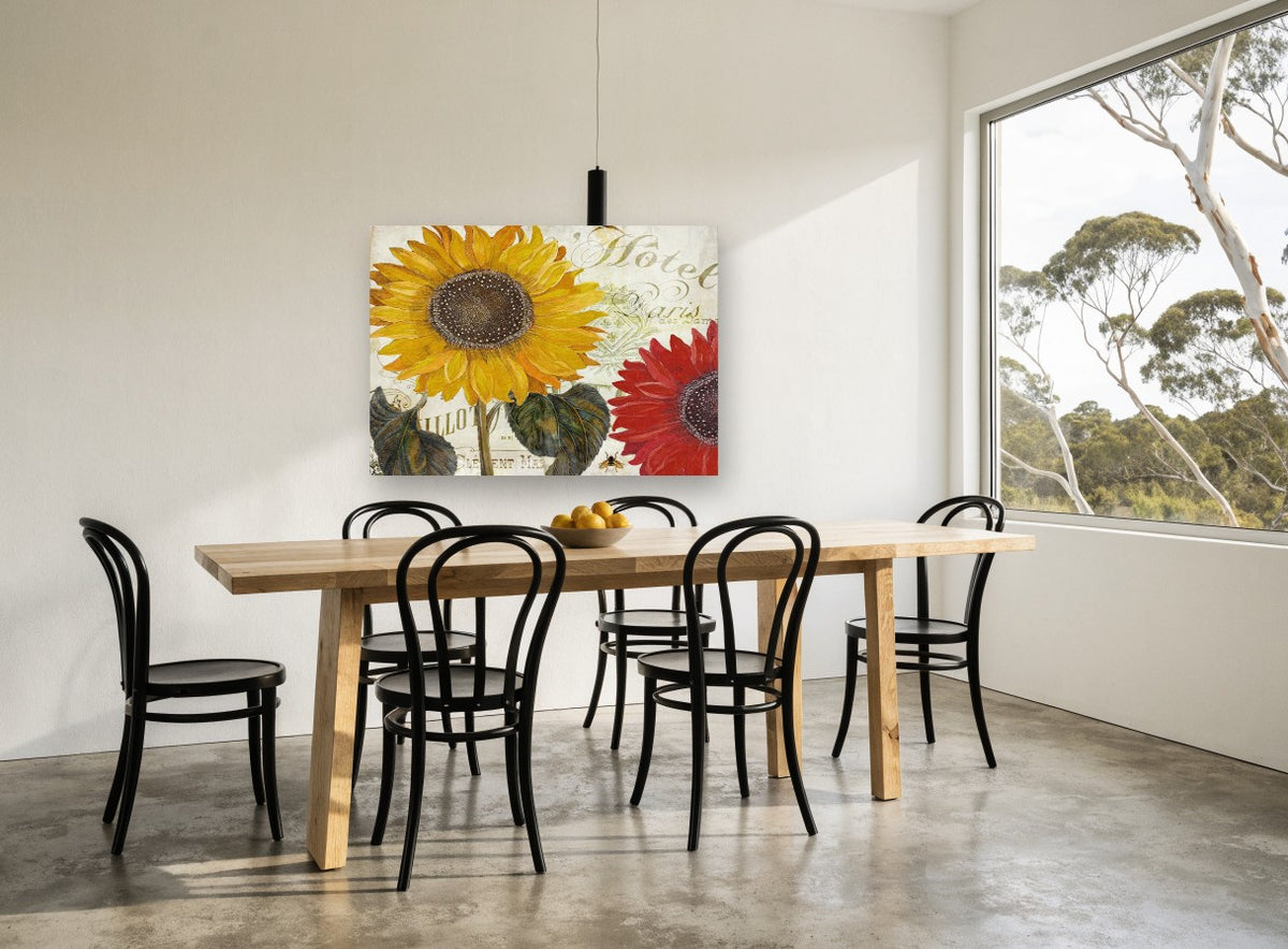 Paris Hôtel Sunflowers floral canvas print on the wall of a dining room