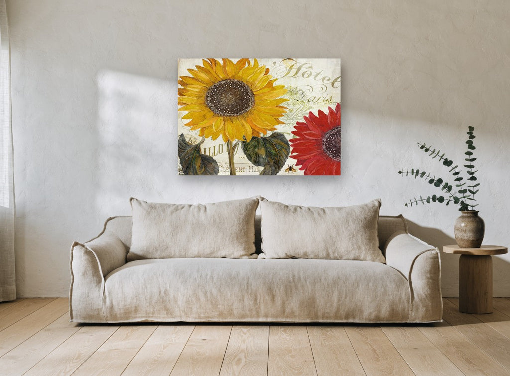 Paris Hôtel Sunflowers floral canvas print on the wall of a living room