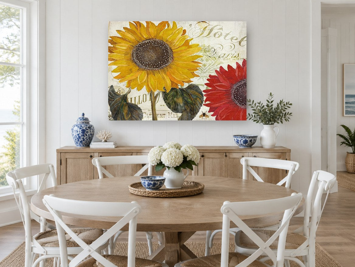Paris Hôtel Sunflowers floral canvas print on the wall of a Hamptons dining room