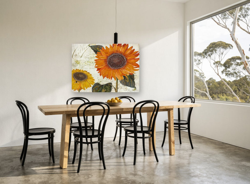Sunflowers on French Script floral canvas print on the wall of a dining room