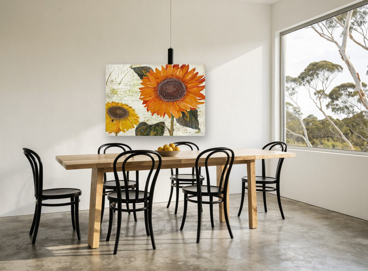 Sunflowers on French Script floral canvas print on the wall of a dining room