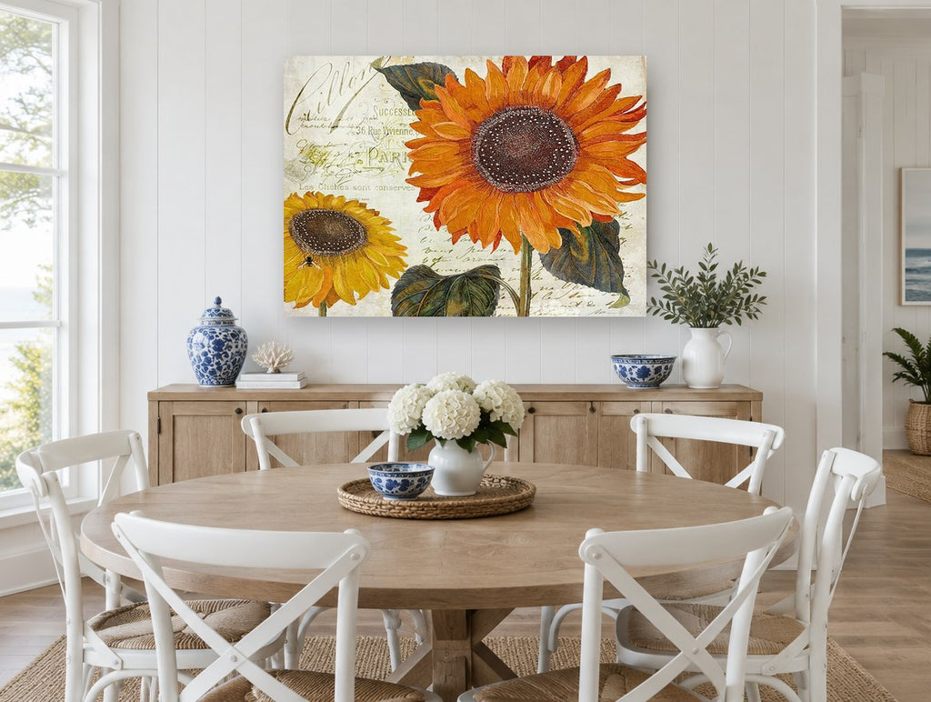 Sunflowers on French Script floral canvas print on the wall of a Hamptons dining room