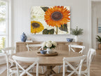 Sunflowers on French Script floral canvas print on the wall of a Hamptons dining room