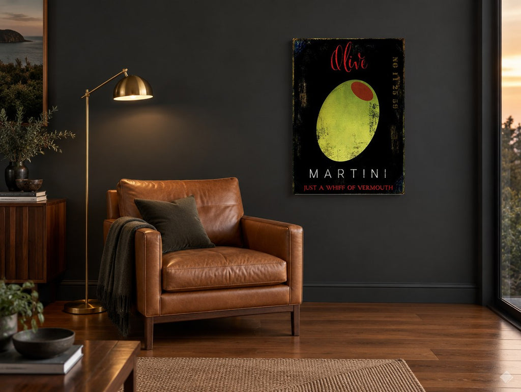Olive Martini Noir kitchen canvas print on the wall of a charcoal living room