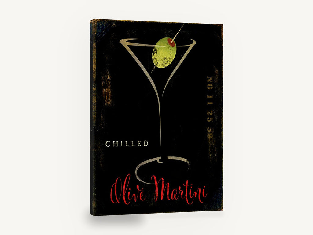 Chilled Olive Martini, olive martini cocktail typography bar, kitchen canvas wall art print ready to hang