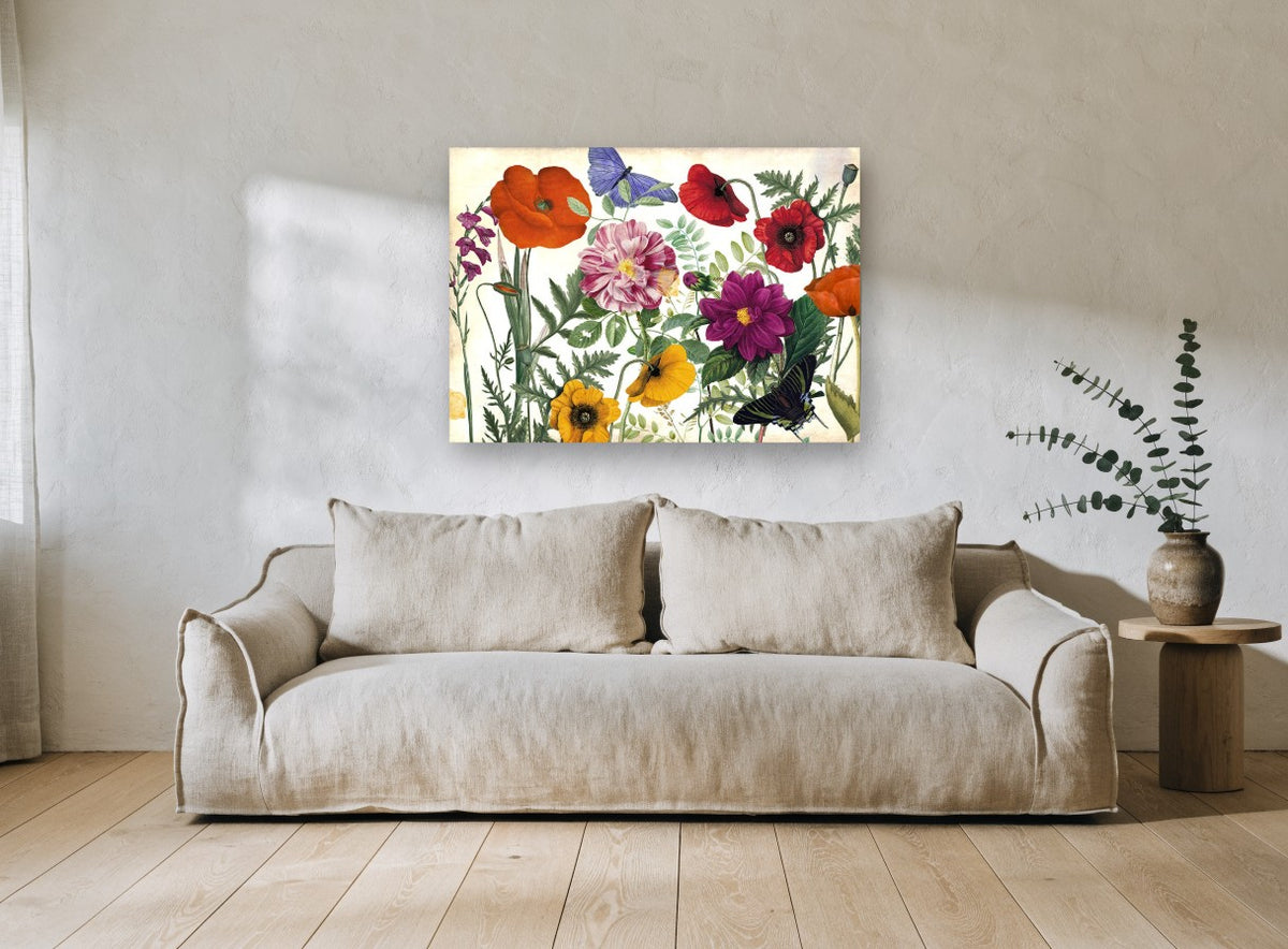 Poppies and Butterflies Meadow floral canvas print on the wall of a living room