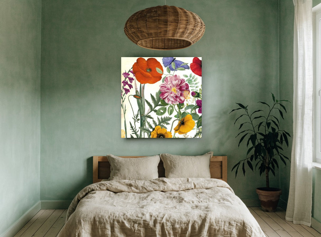 Spring Poppy Collage floral canvas print on the wall of a bedroom