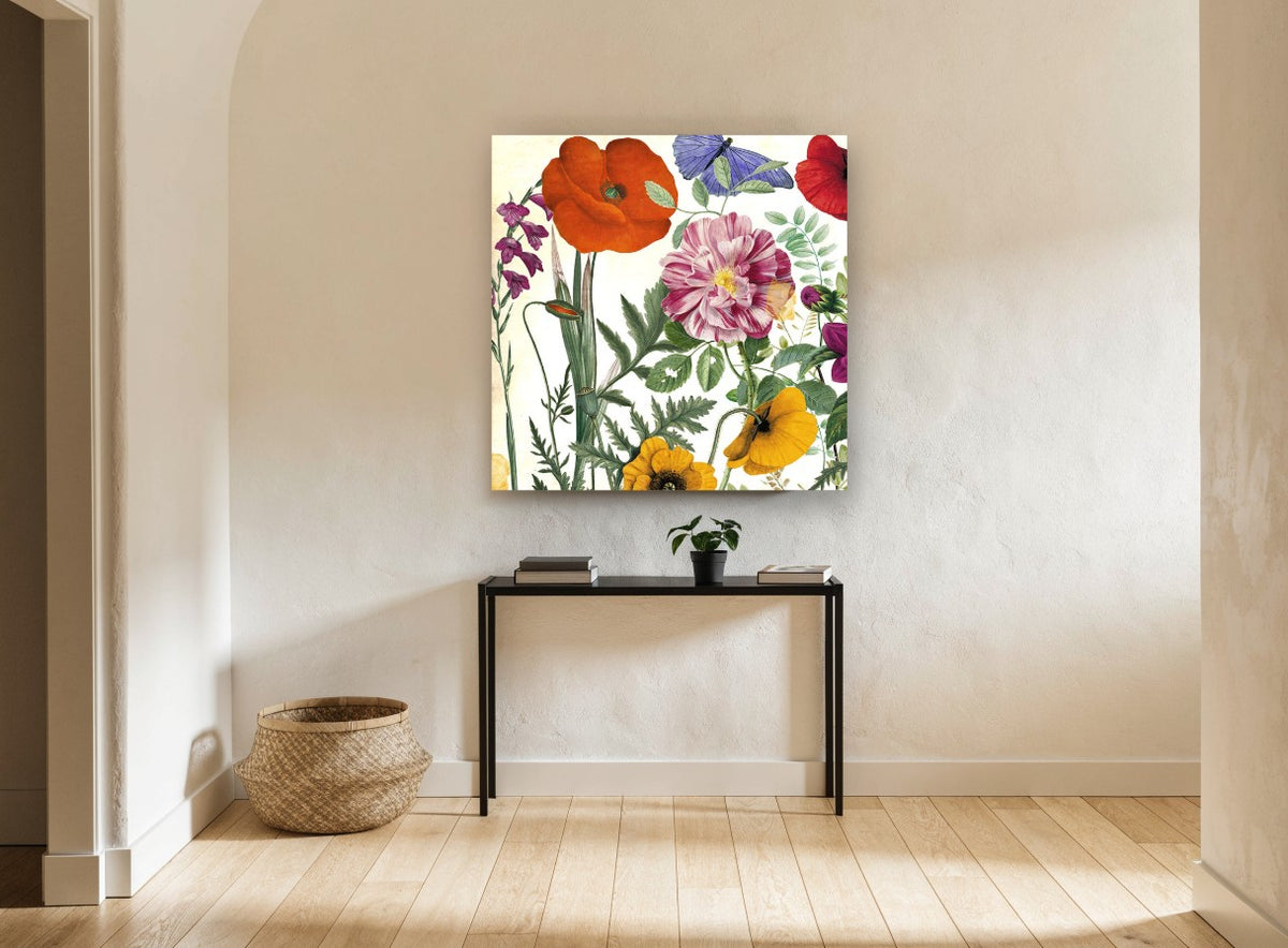 Spring Poppy Collage floral canvas print on the wall of a hallway