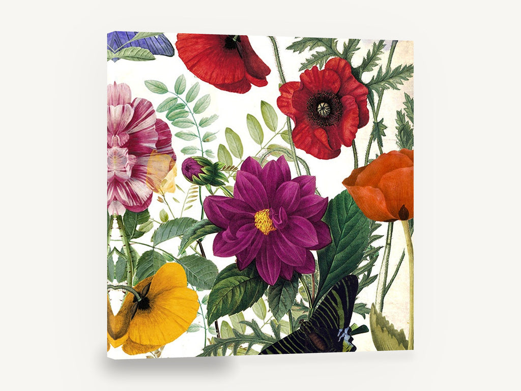 Poppy and Dahlia Garden, poppies dahlia butterfly botanical collage, floral canvas wall art print ready to hang