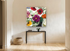 Poppy and Dahlia Garden floral canvas print on the wall of a hallway