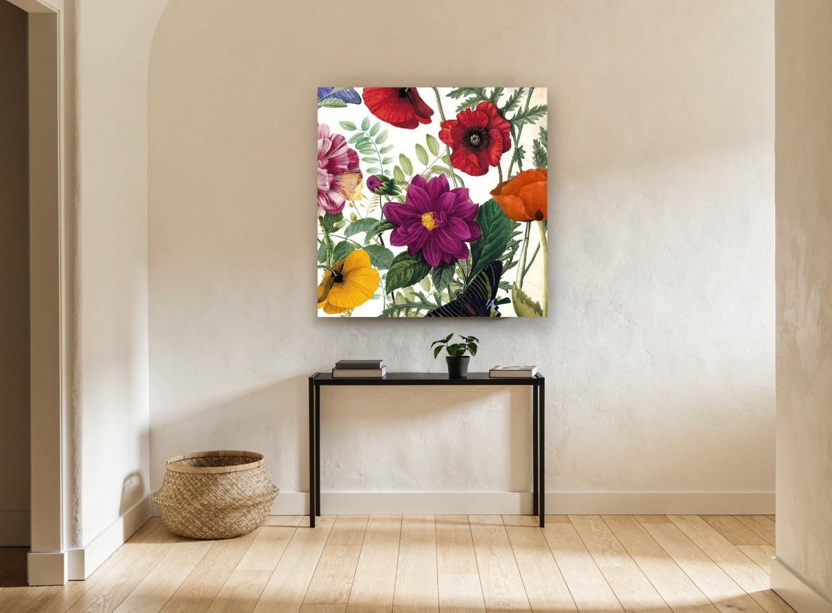 Poppy and Dahlia Garden floral canvas print on the wall of a hallway