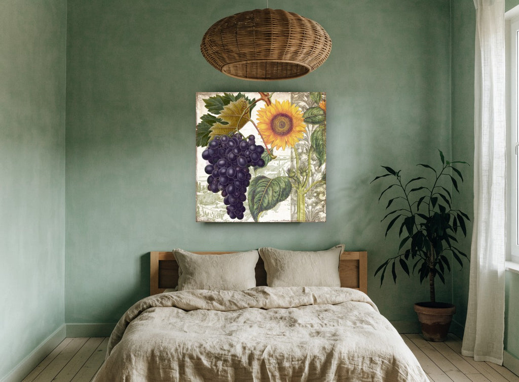 Sunflower and Grape Harvest floral canvas print on the wall of a bedroom