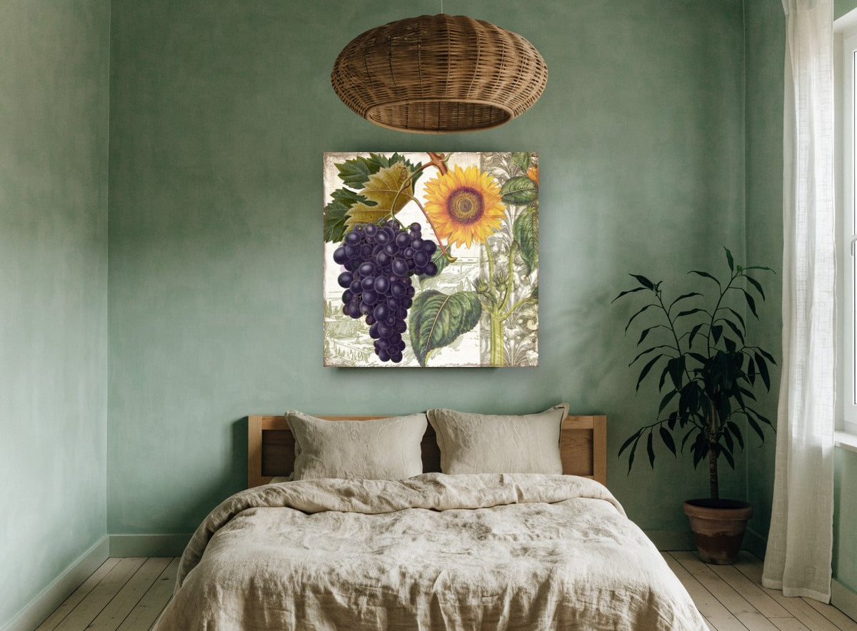 Sunflower and Grape Harvest floral canvas print on the wall of a bedroom
