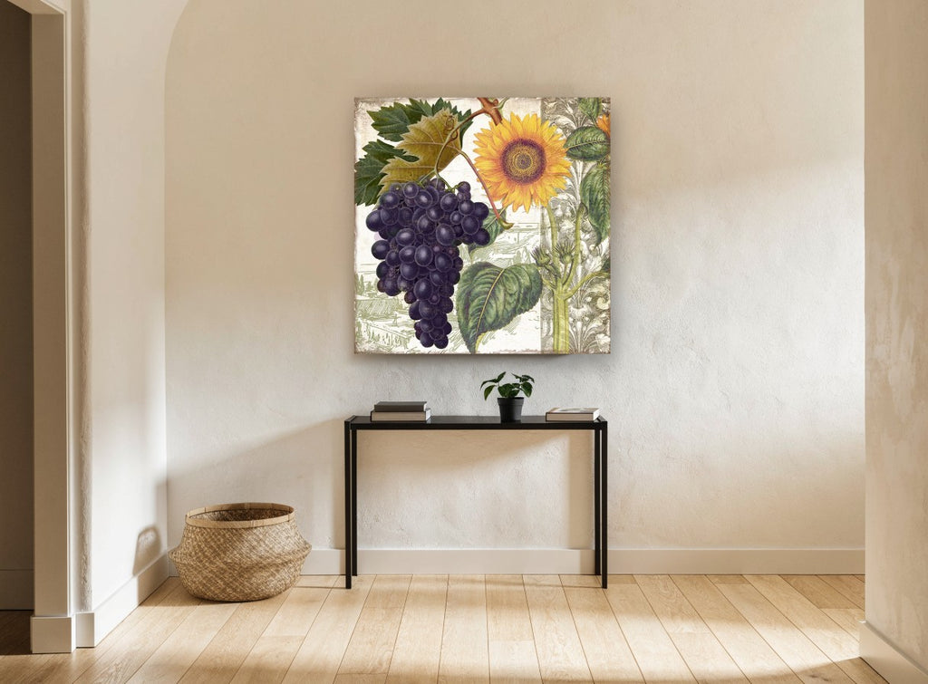 Sunflower and Grape Harvest floral canvas print on the wall of a hallway