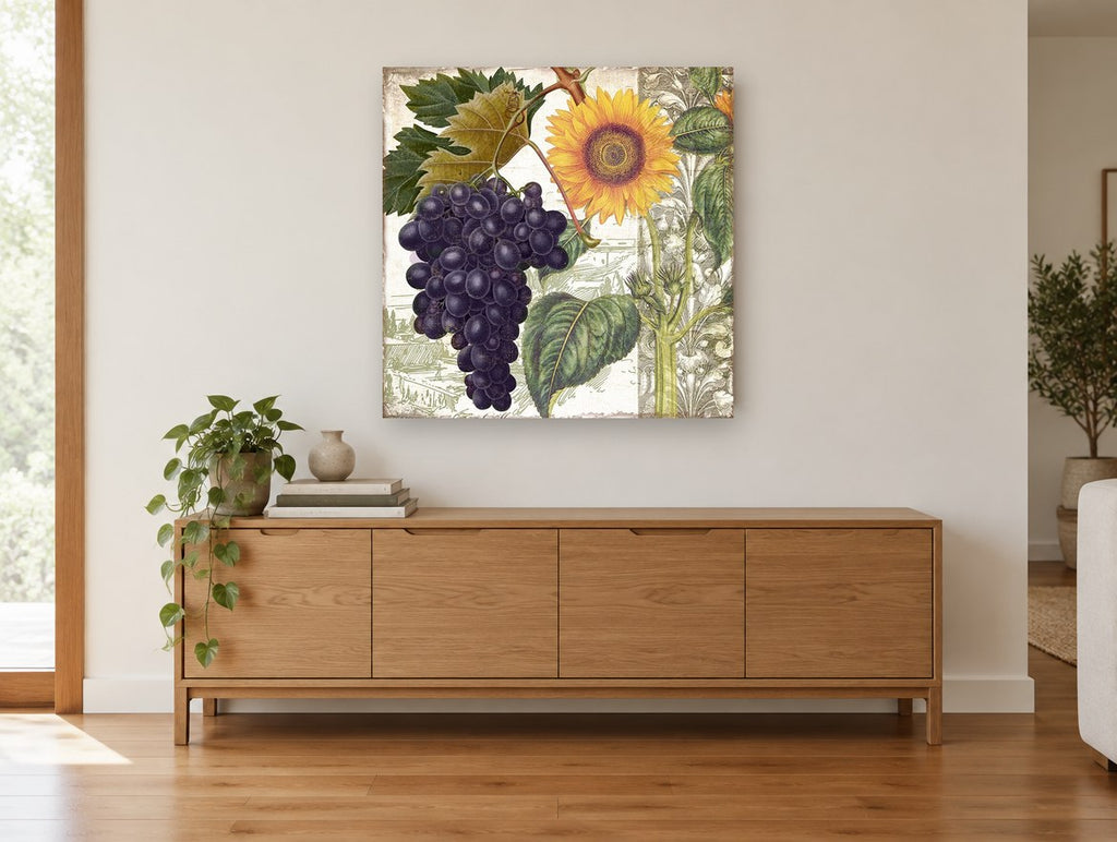 Sunflower and Grape Harvest floral canvas print on the wall of a living room above a sideboard