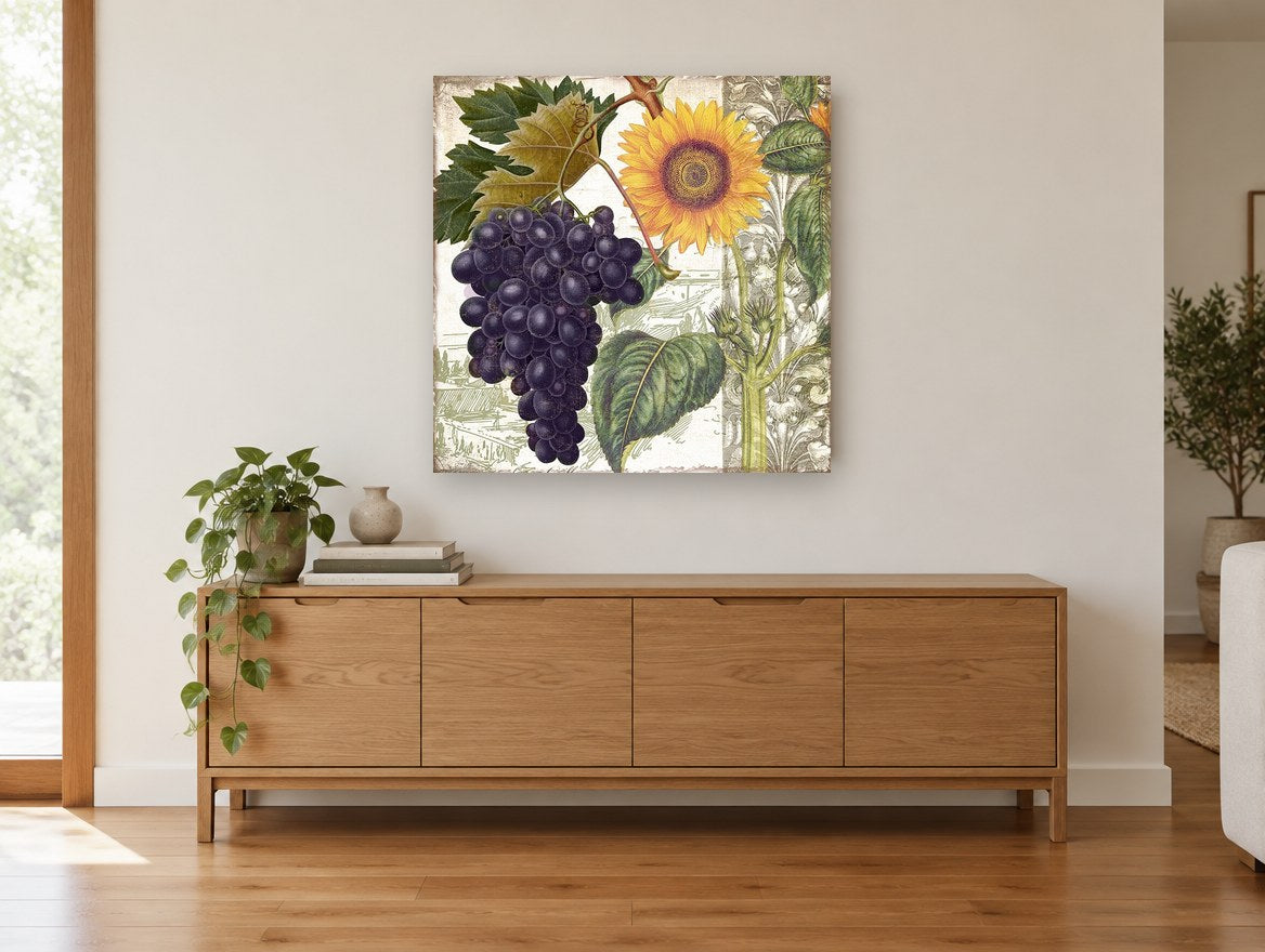 Sunflower and Grape Harvest floral canvas print on the wall of a living room above a sideboard