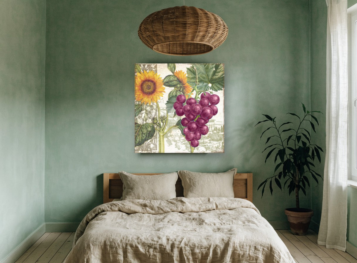 Sunflower and Grape Harvest floral canvas print on the wall of a bedroom
