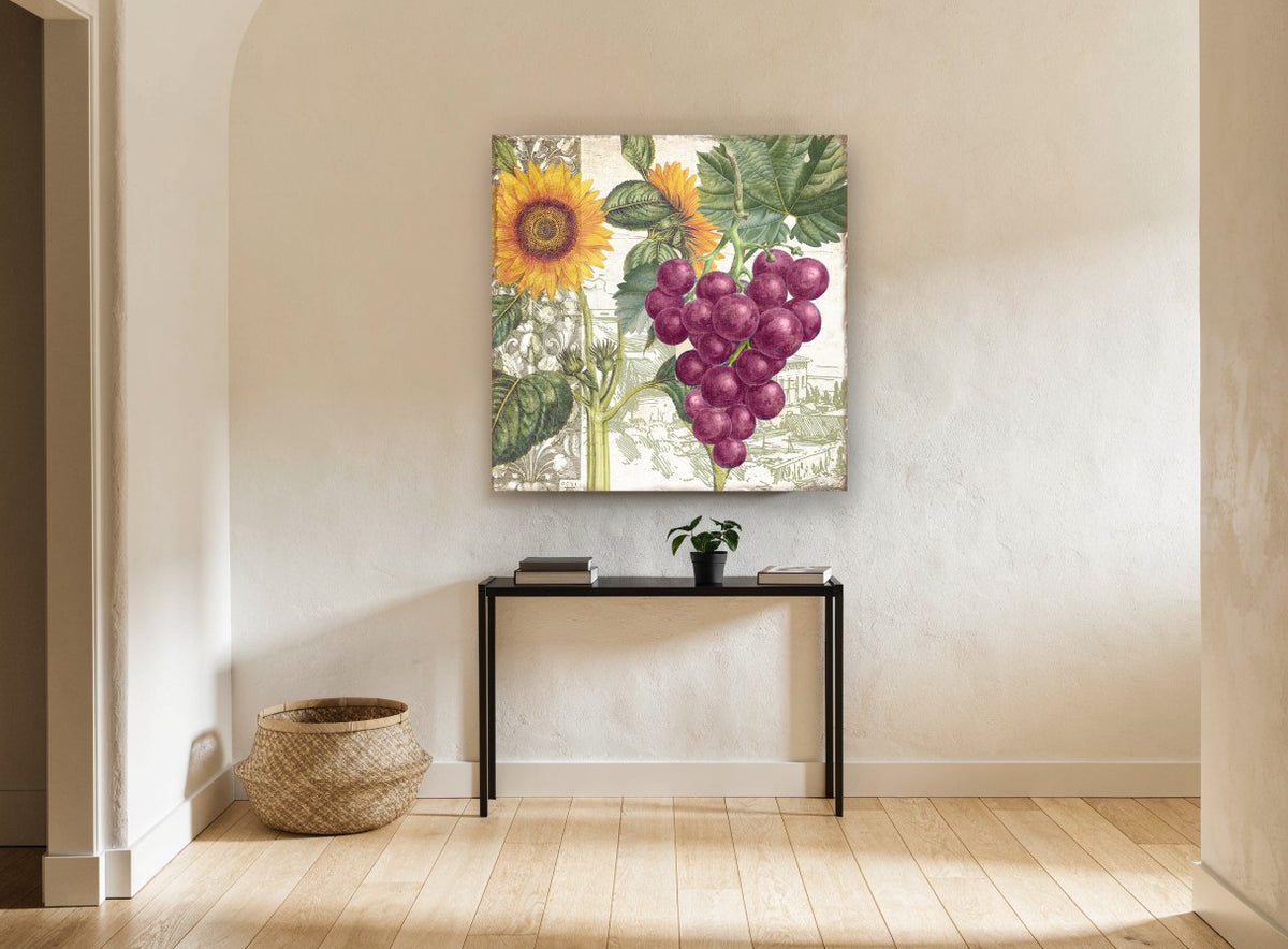 Sunflower and Grape Harvest floral canvas print on the wall of a hallway