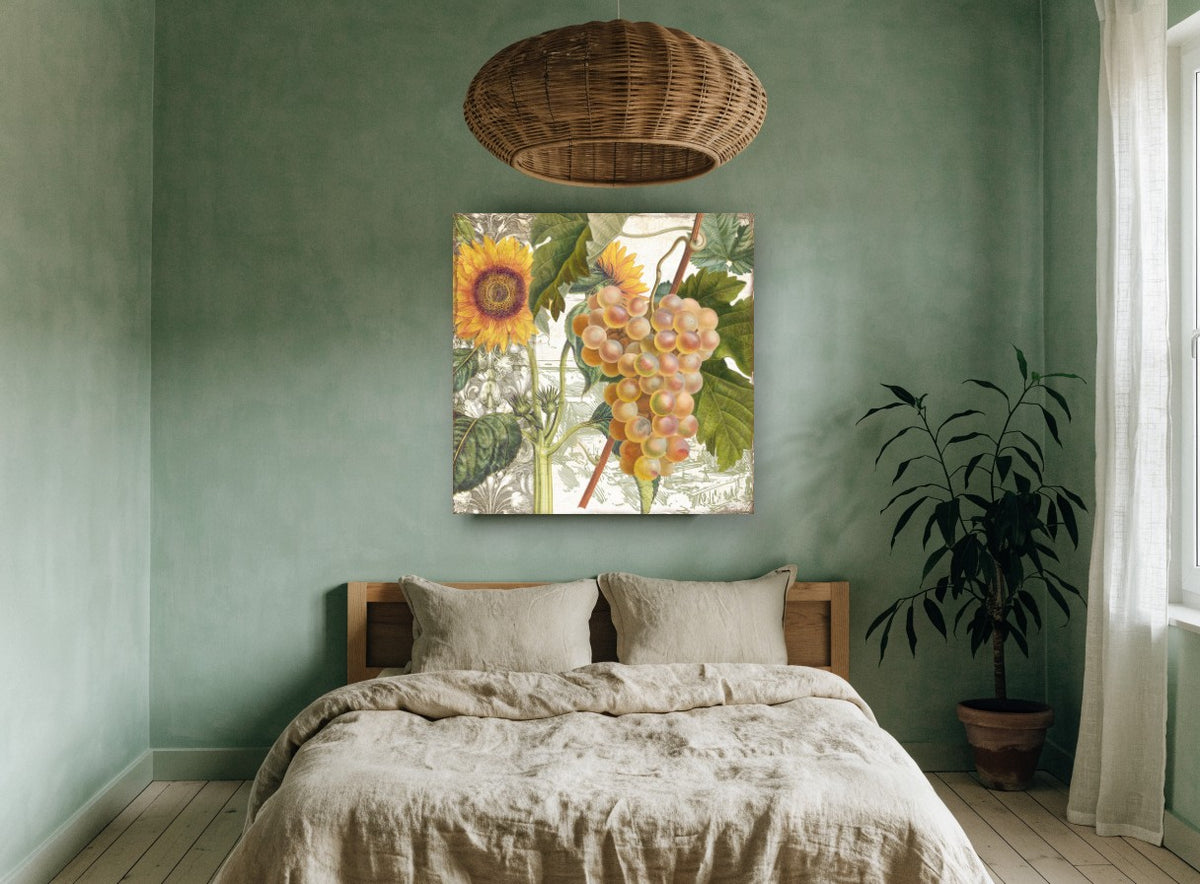 Sunflower and Grape Harvest floral canvas print on the wall of a bedroom