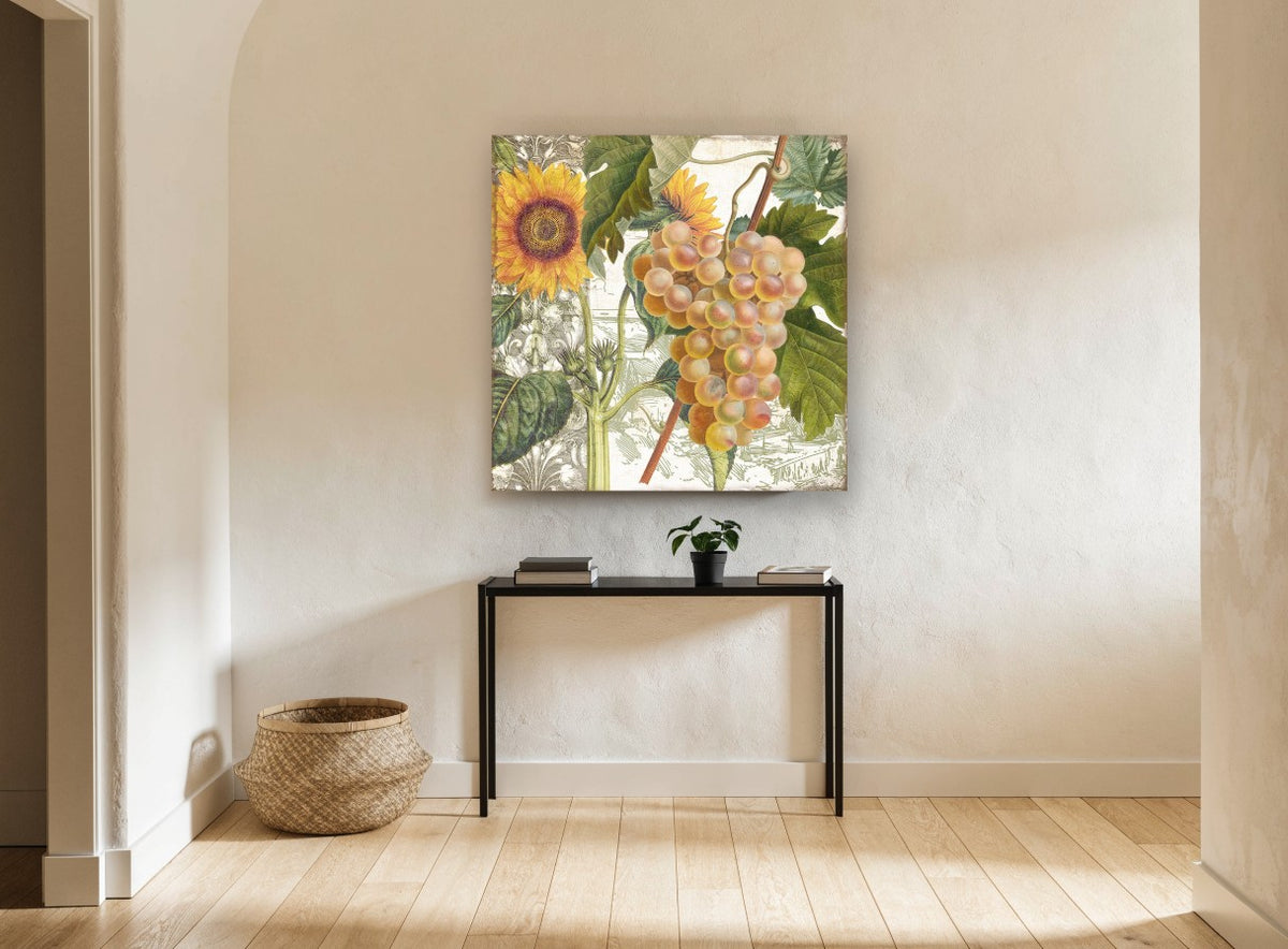 Sunflower and Grape Harvest floral canvas print on the wall of a hallway