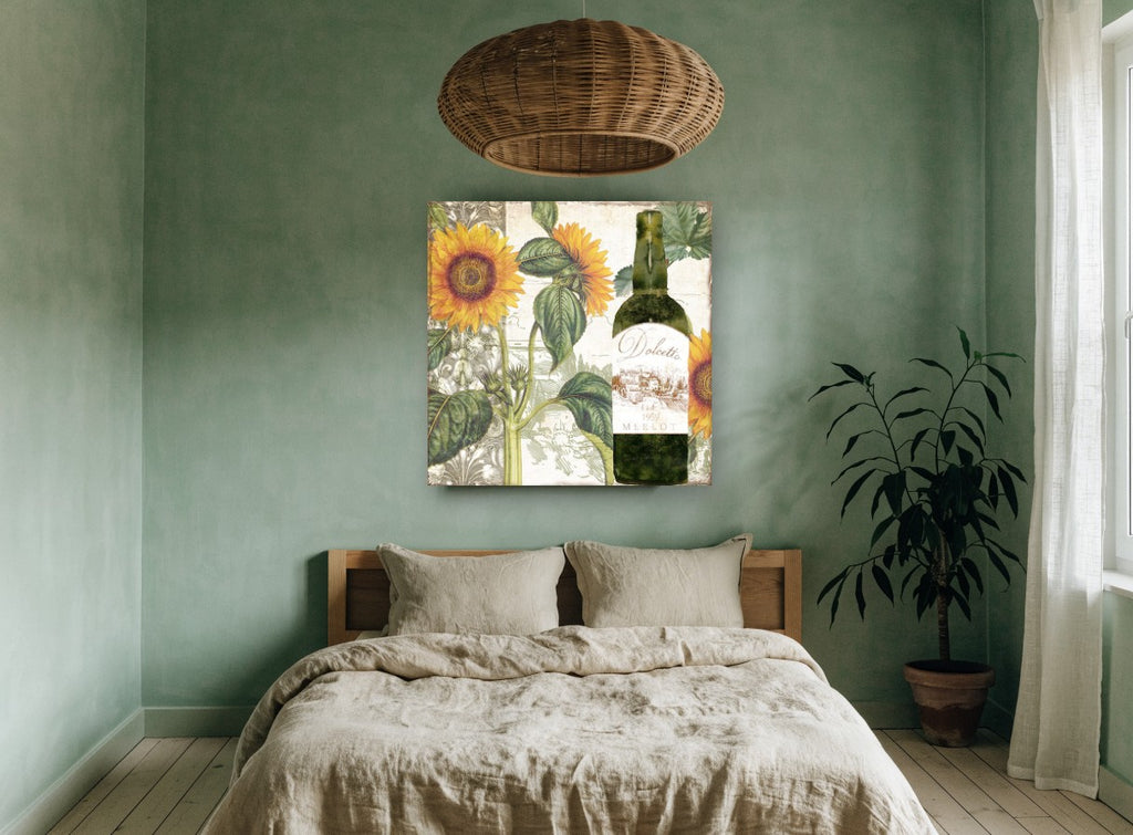 Sunflowers and Merlot floral canvas print on the wall of a bedroom