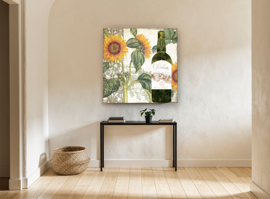 Sunflowers and Merlot floral canvas print on the wall of a hallway