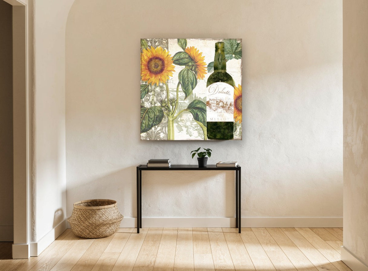 Sunflowers and Merlot floral canvas print on the wall of a hallway