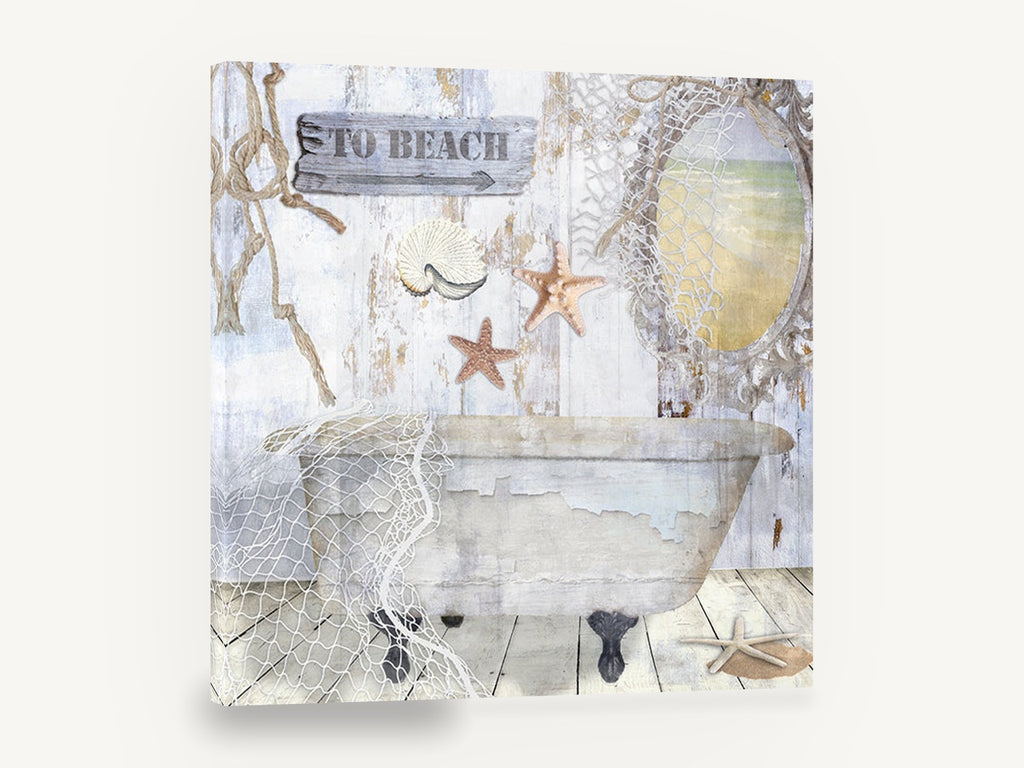 Seaside Bathtub Retreat, vintage bathtub starfish beach sign, coastal canvas wall art print ready to hang
