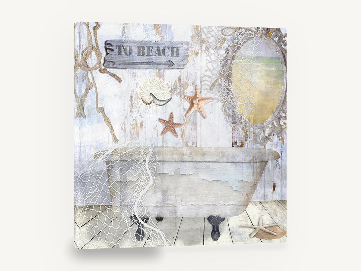 Seaside Bathtub Retreat, vintage bathtub starfish beach sign, coastal canvas wall art print ready to hang