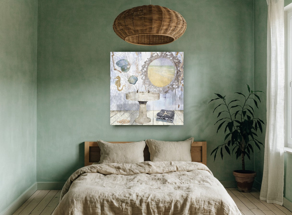 Seaside Washstand Mirror coastal canvas print on the wall of a bedroom